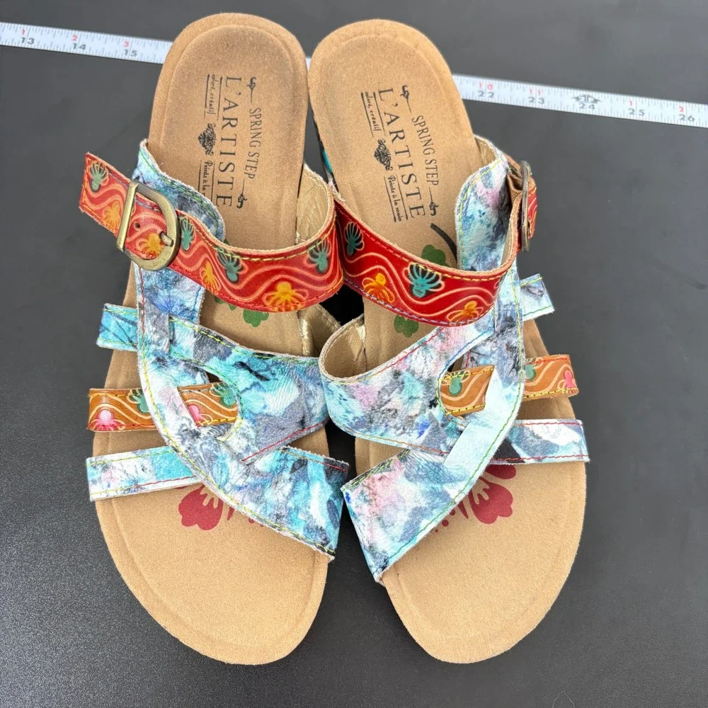 Spring Step L'Artiste Womens Wedge Sandals 38 (7.5) Baocire Leather Hand Painted